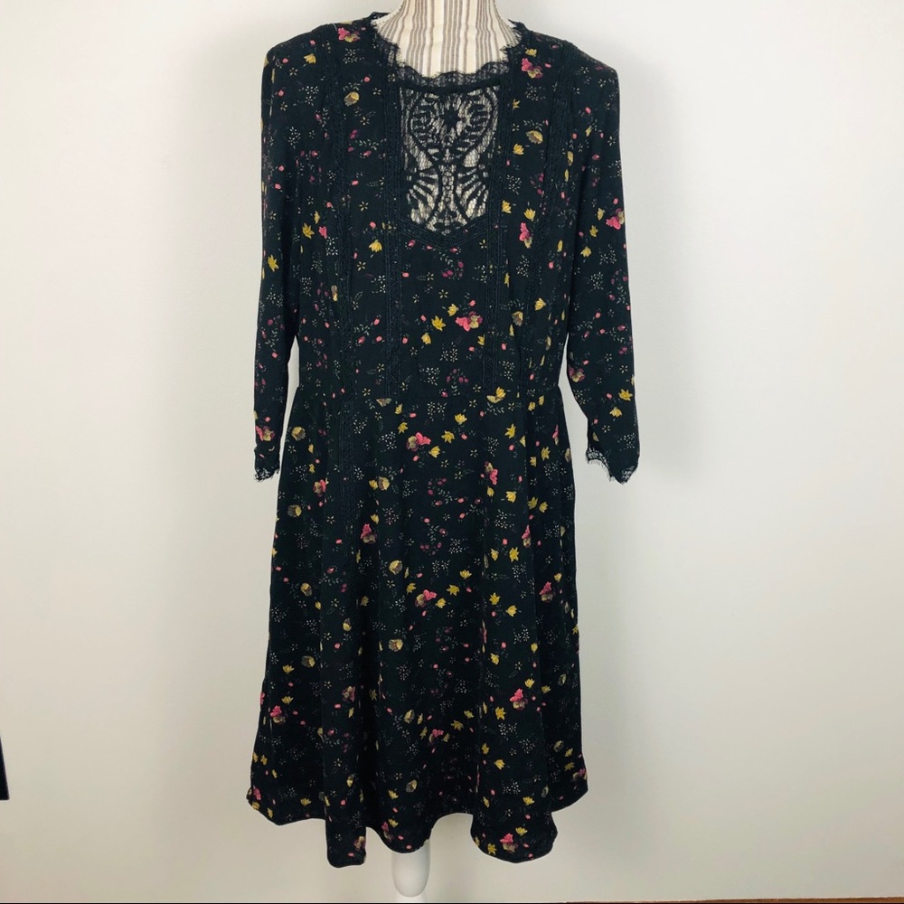 City Chic Black Long Sleeve Floral Lace Yoke Dress